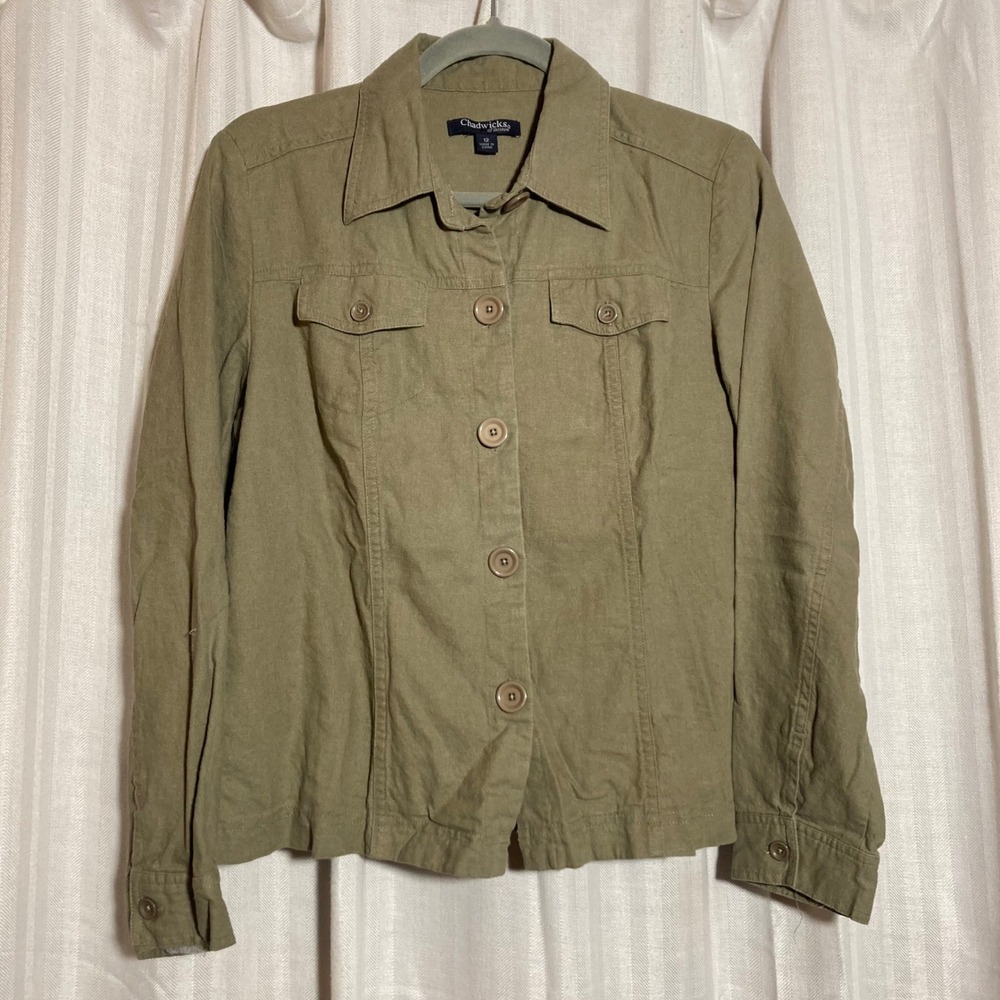 Chadwicks of Boston Olive Green Linen Blend Button Front Utility Jacket Size 12